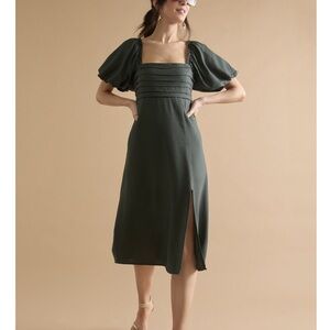 Francesca’s Sarah Pleated Puff Sleeve Midi Dress - Olive Green Small